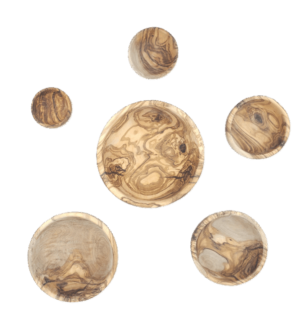 Set of olive wood bowls spread out