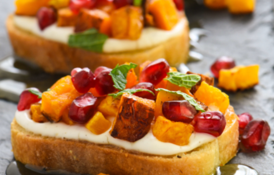 Roasted Butternut Squash and Pomegranate Crostini